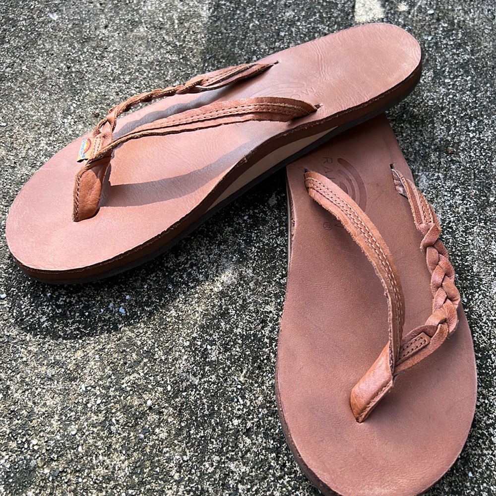 Rainbow, leather braid flip-flops size 7